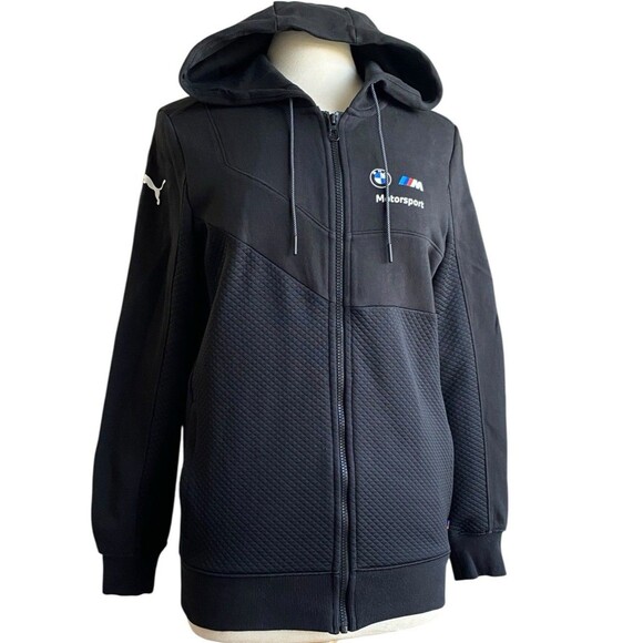 PUMA BMW M Motorsport Hoodie Jacket Size Small Black Full Zip Quilted Panels - Picture 1 of 8
